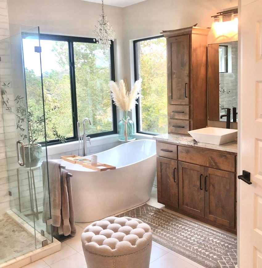 a bathroom with a tub and a large window